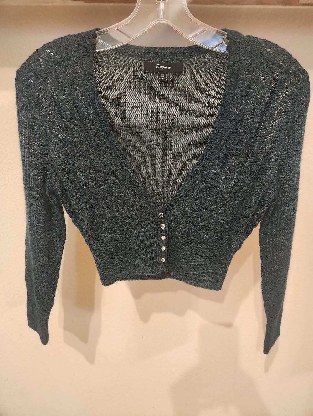 Express Emerald & Teal V-Neck Cropped Shiny Metallic Button Cardigan Sweater